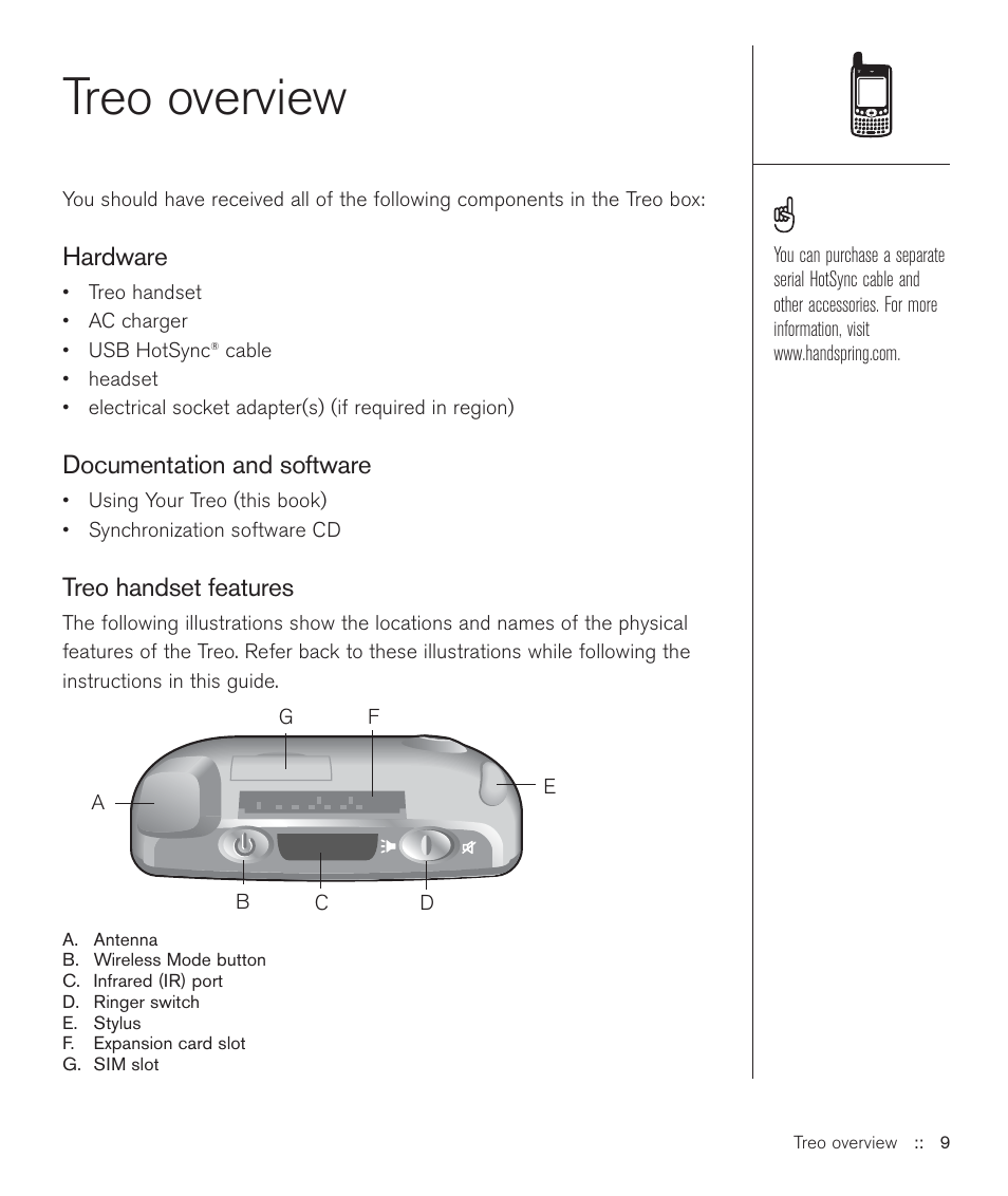 Treo overview, Hardware, Documentation and software | Treo handset features | Handspring Treo 600 User Manual | Page 9 / 158