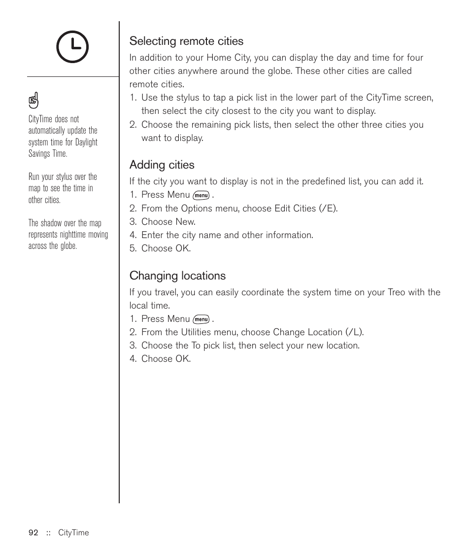 Selecting remote cities, Adding cities, Changing locations | Handspring Treo 600 User Manual | Page 92 / 158