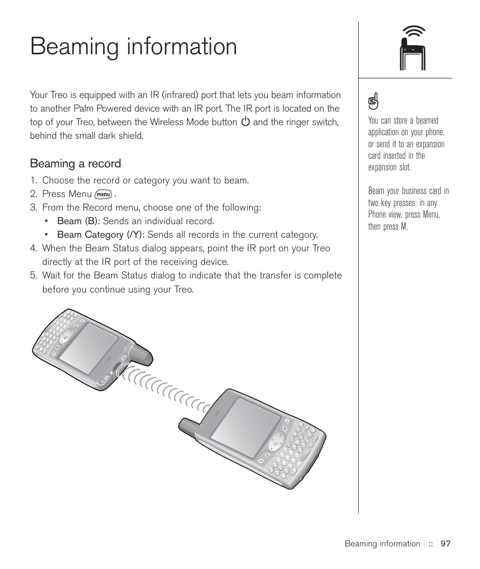 Beaming information | Handspring Treo 600 User Manual | Page 97 / 158
