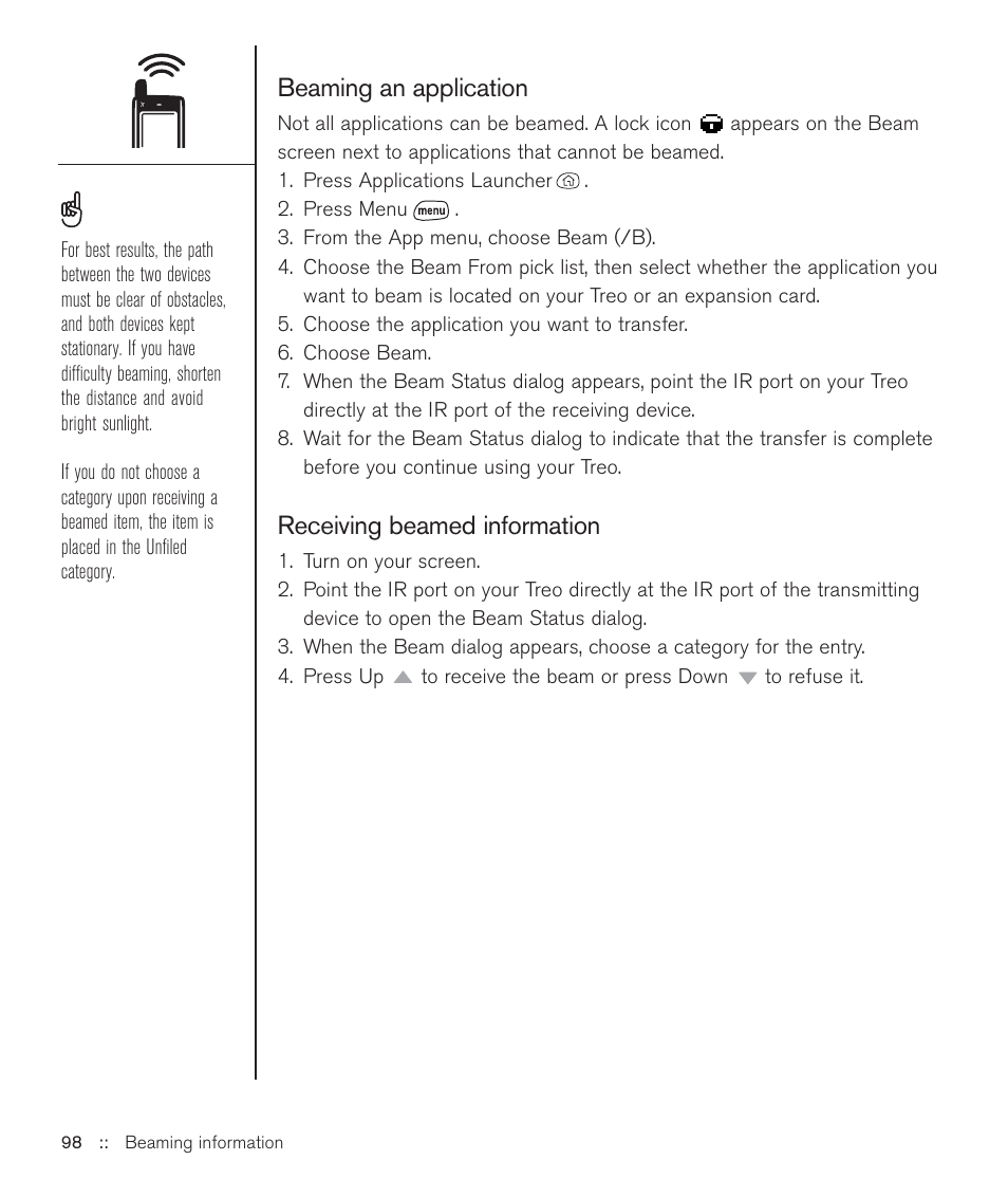 Beaming an application, Receiving beamed information | Handspring Treo 600 User Manual | Page 98 / 158