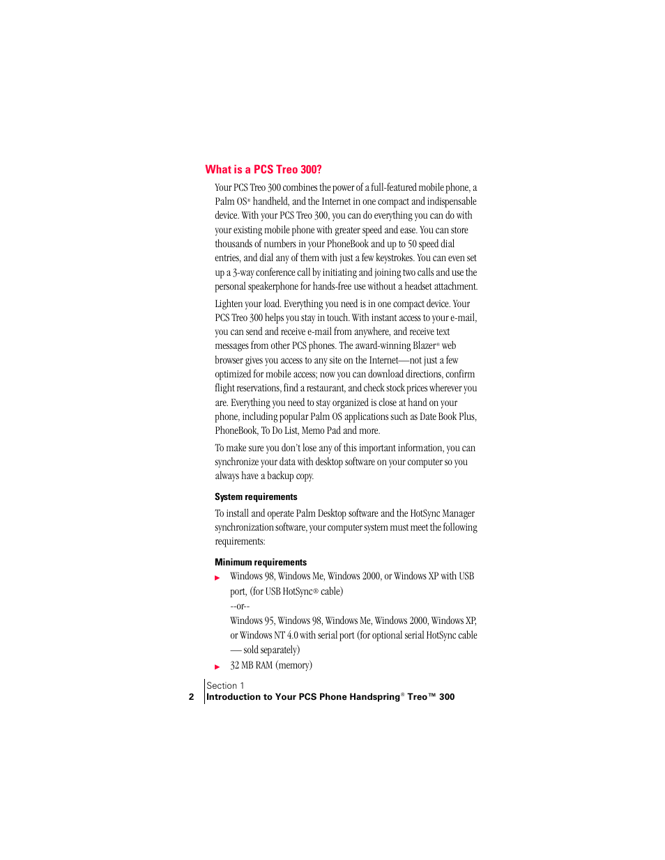 What is a pcs treo 300, System requirements, Minimum requirements | System requirements minimum requirements | Handspring Treo 300 User Manual | Page 10 / 286