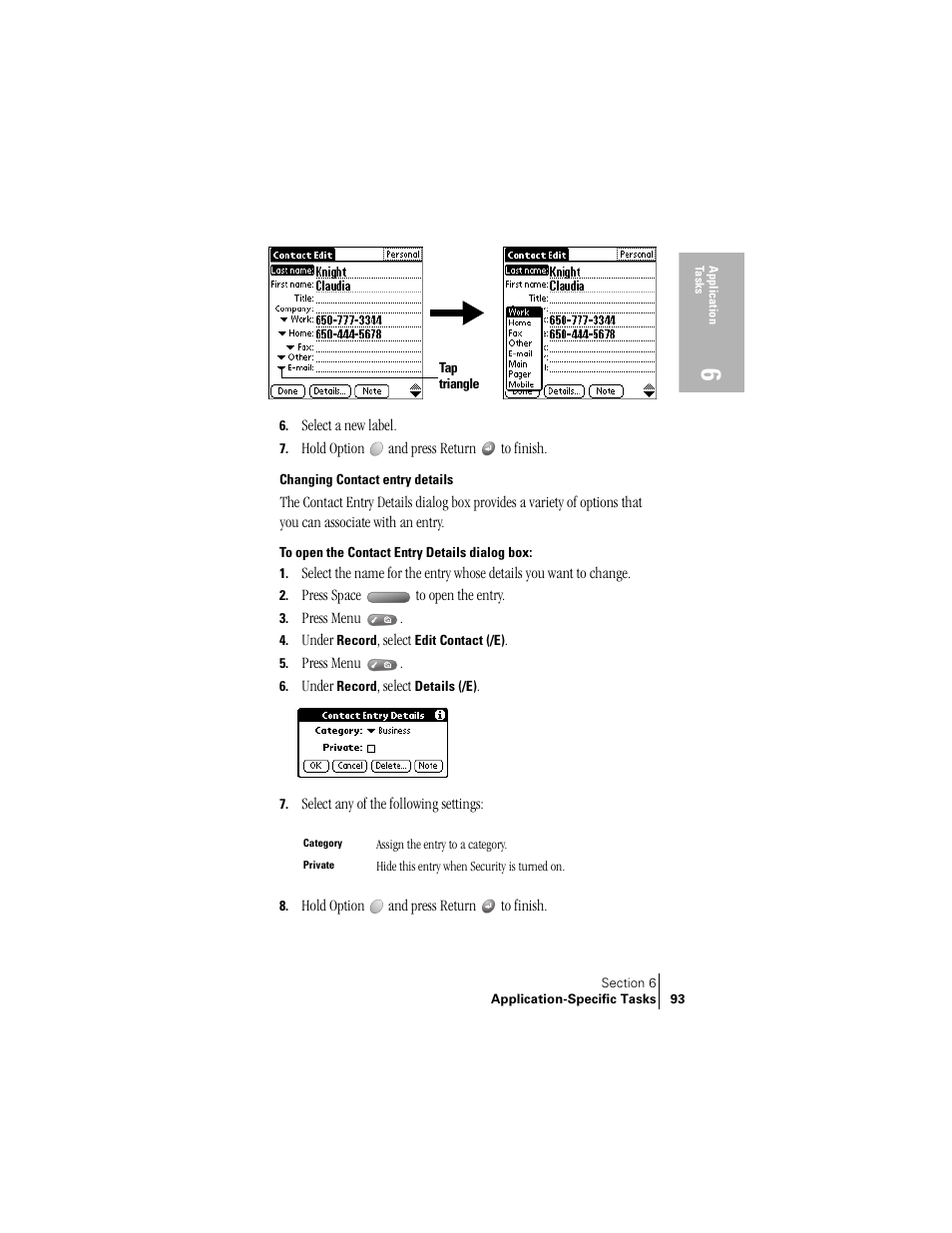 Changing contact entry details | Handspring Treo 300 User Manual | Page 101 / 286