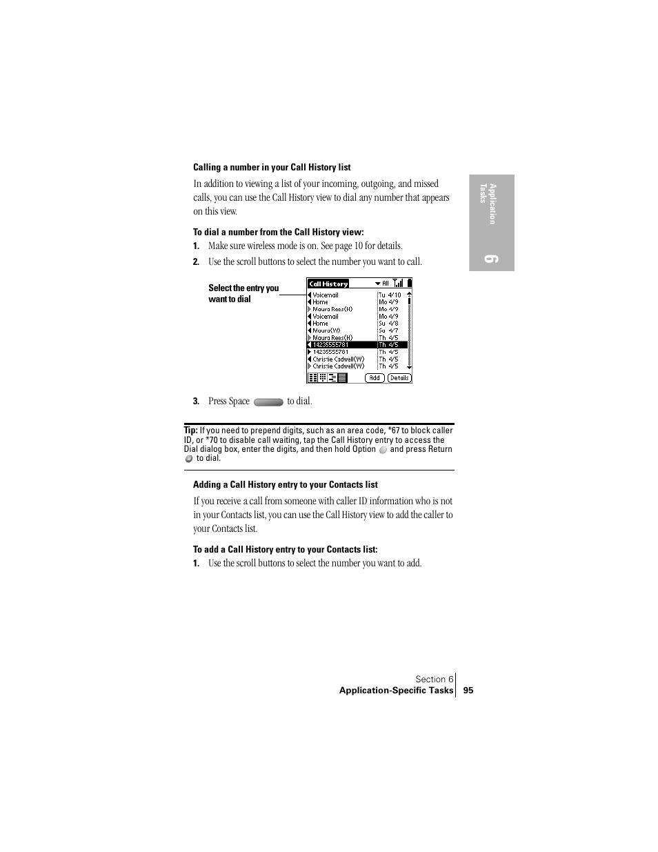 Calling a number in your call history list, Adding a call history entry to your contacts list | Handspring Treo 300 User Manual | Page 103 / 286