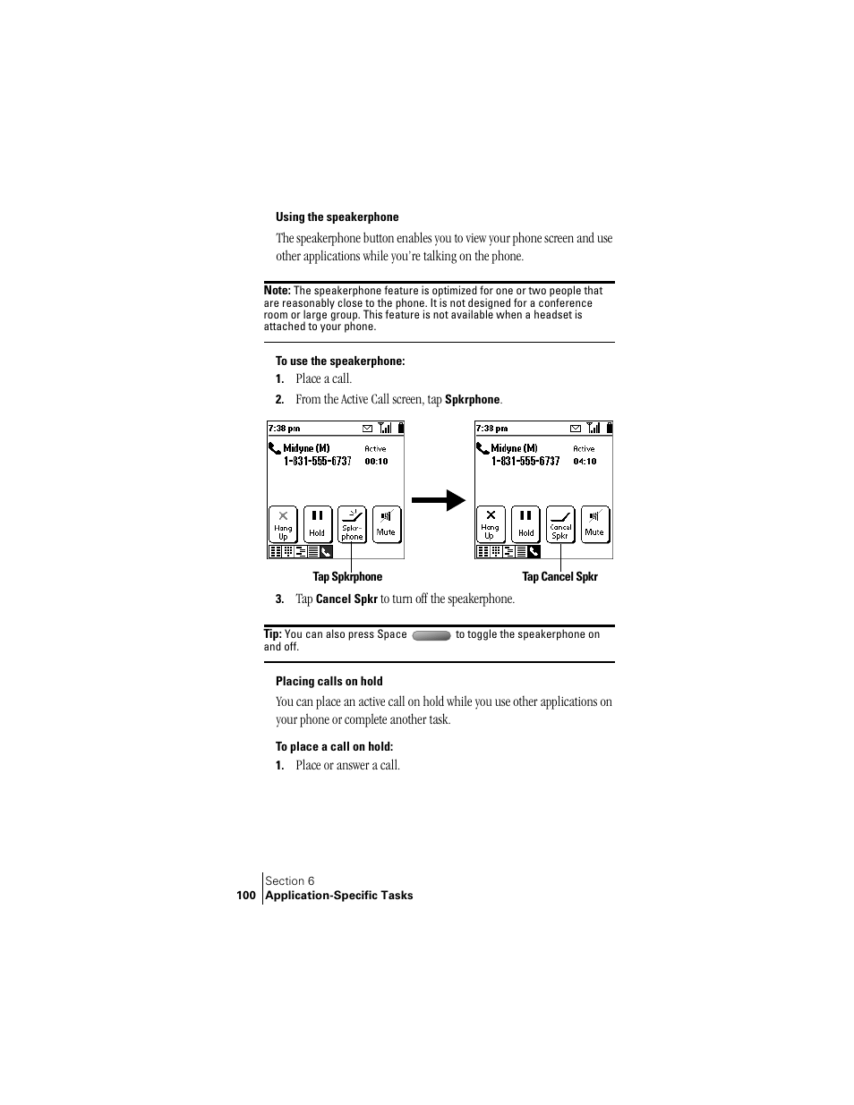 Using the speakerphone, Placing calls on hold | Handspring Treo 300 User Manual | Page 108 / 286