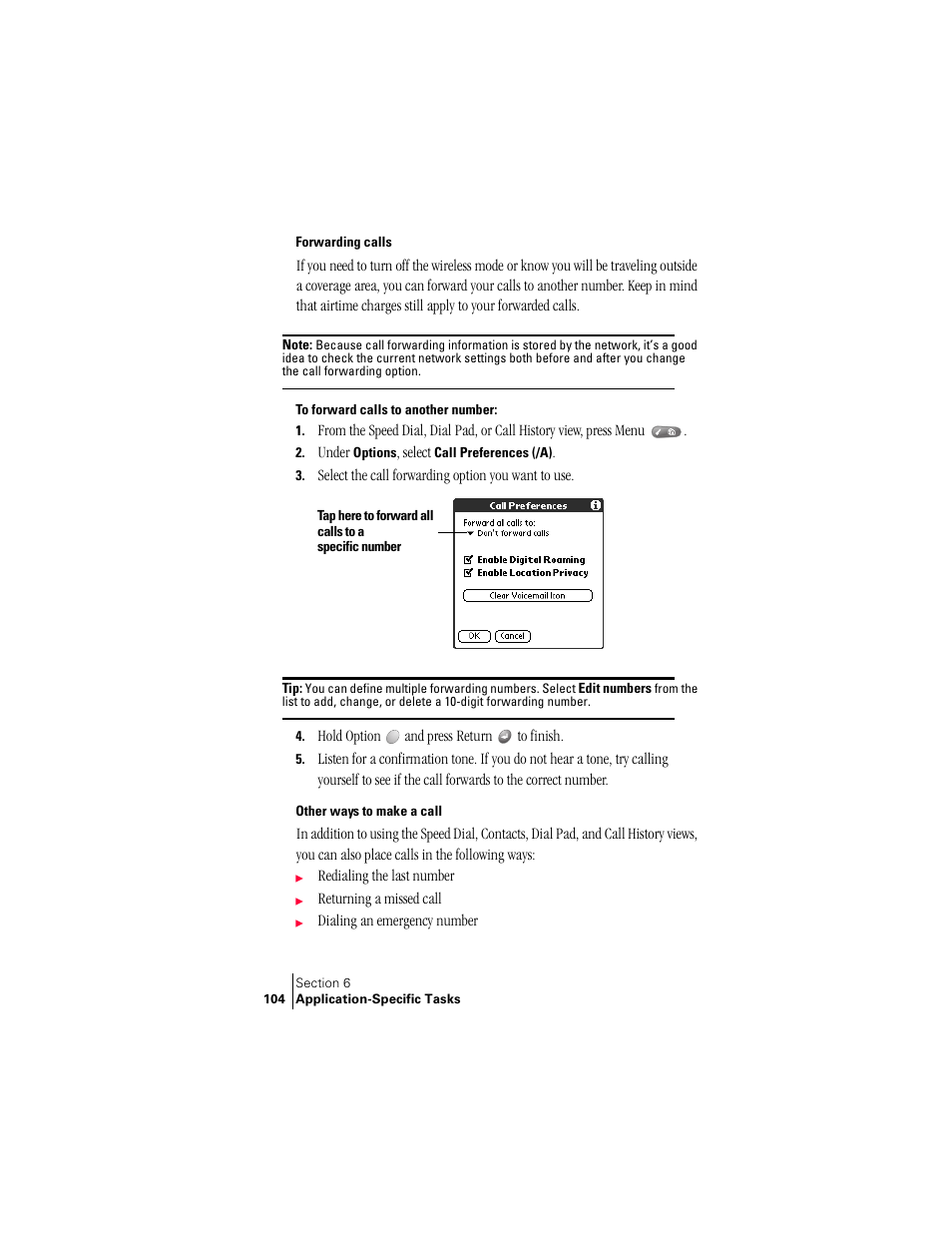 Forwarding calls, Other ways to make a call, Forwarding calls other ways to make a call | Handspring Treo 300 User Manual | Page 112 / 286