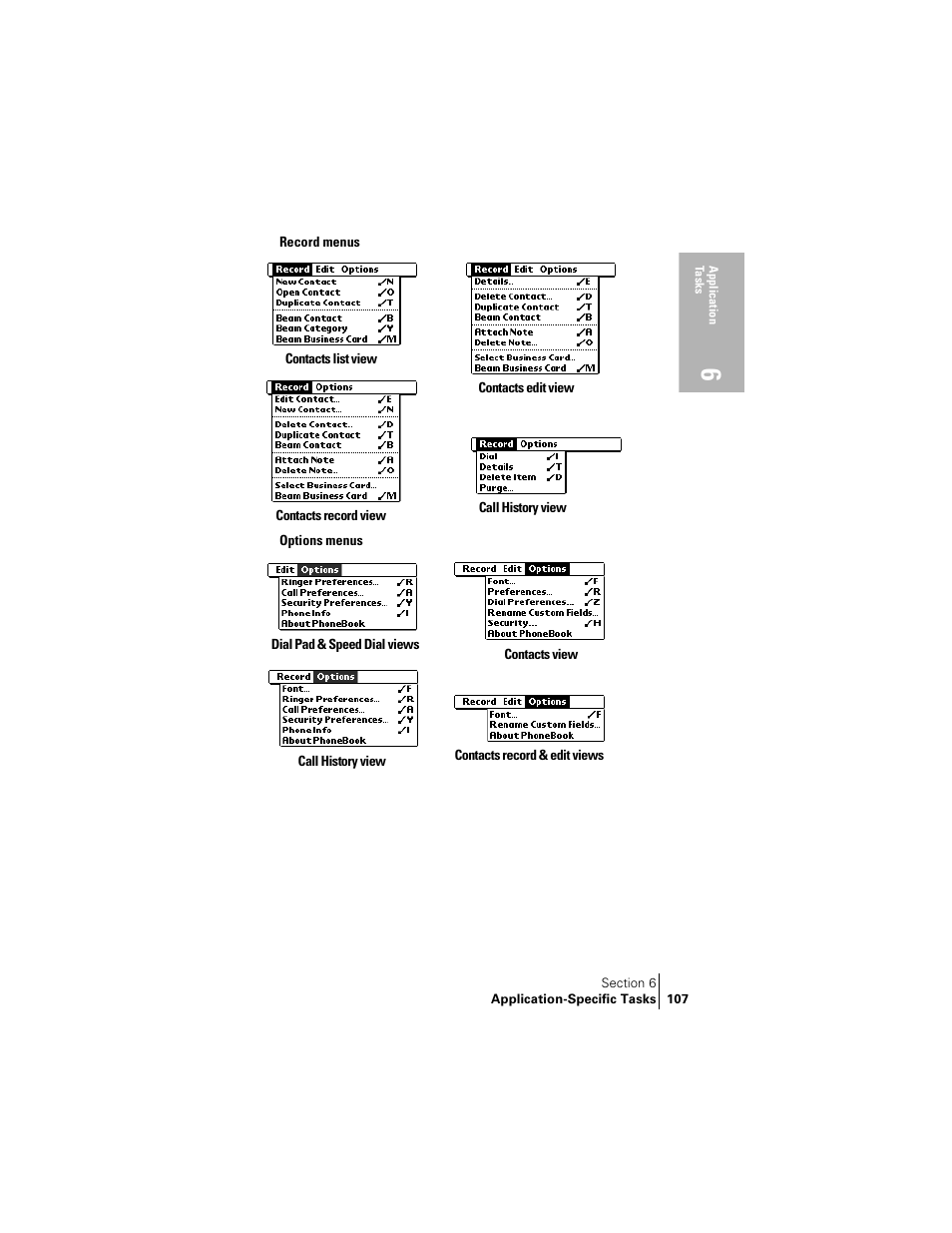 Record menus, Options menus | Handspring Treo 300 User Manual | Page 115 / 286