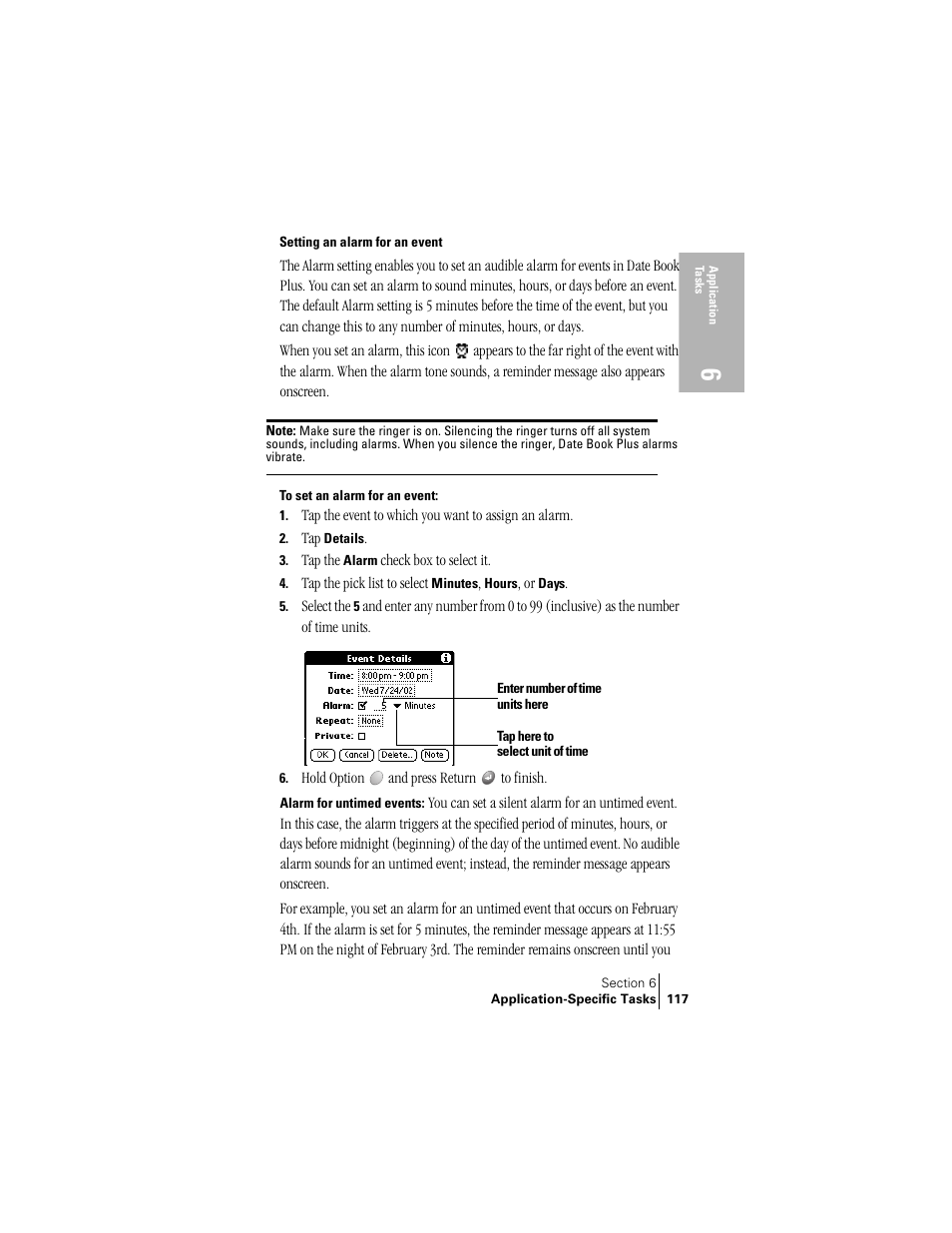 Setting an alarm for an event | Handspring Treo 300 User Manual | Page 125 / 286