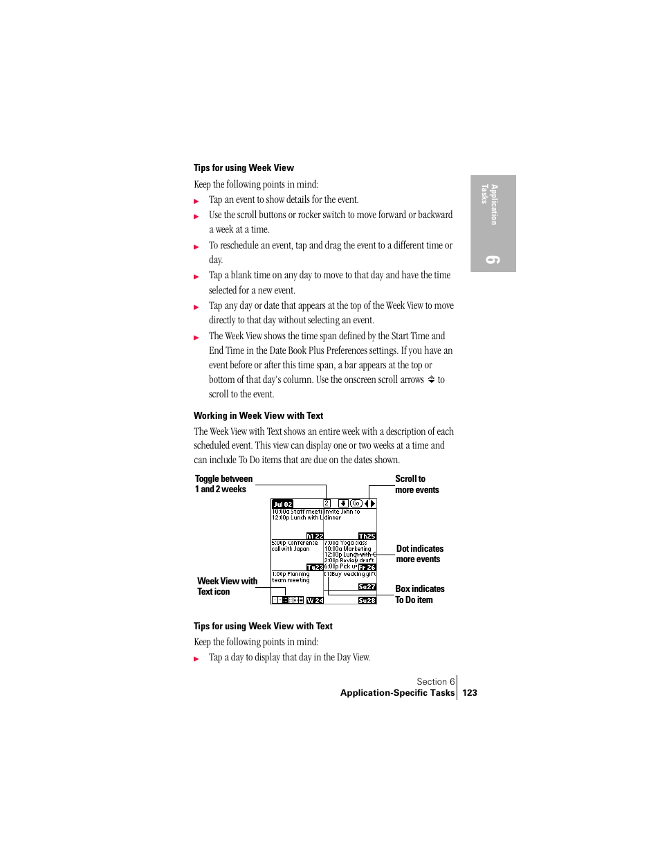 Tips for using week view, Working in week view with text, Tips for using week view with text | Handspring Treo 300 User Manual | Page 131 / 286