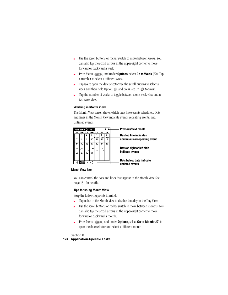 Working in month view, Tips for using month view | Handspring Treo 300 User Manual | Page 132 / 286