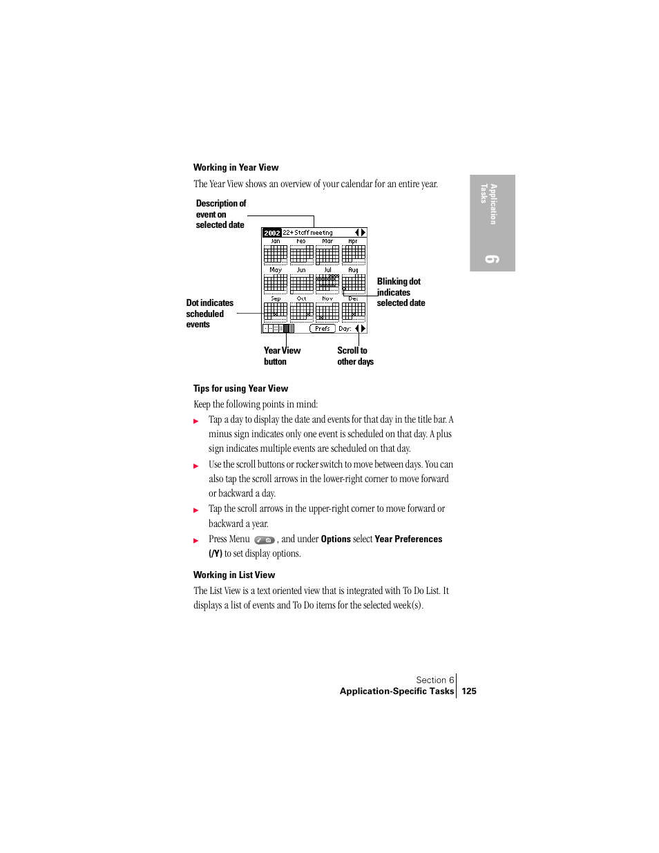 Working in year view, Tips for using year view, Working in list view | Working in year view working in list view | Handspring Treo 300 User Manual | Page 133 / 286