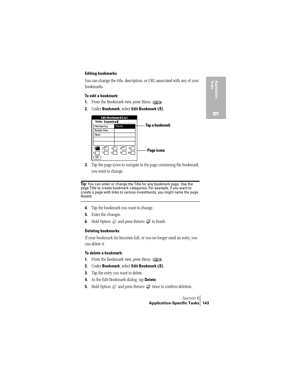 Editing bookmarks, Deleting bookmarks | Handspring Treo 300 User Manual | Page 151 / 286