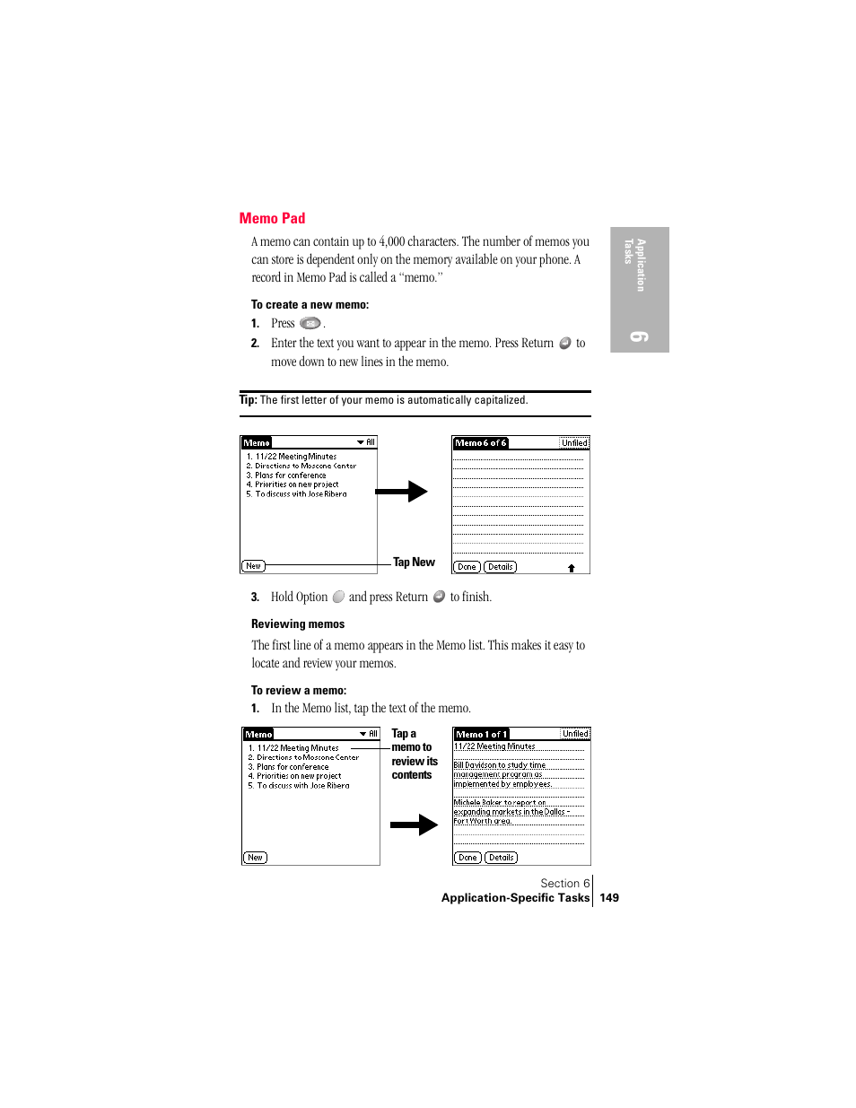 Memo pad, Reviewing memos | Handspring Treo 300 User Manual | Page 157 / 286