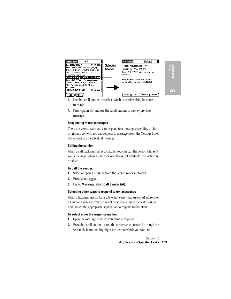 Responding to text messages, Calling the sender, Selecting other ways to respond to text messages | Handspring Treo 300 User Manual | Page 161 / 286