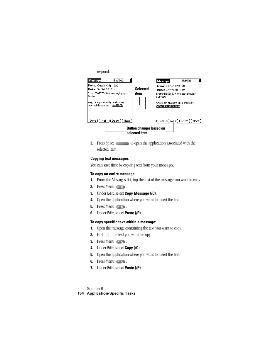 Copying text messages | Handspring Treo 300 User Manual | Page 162 / 286
