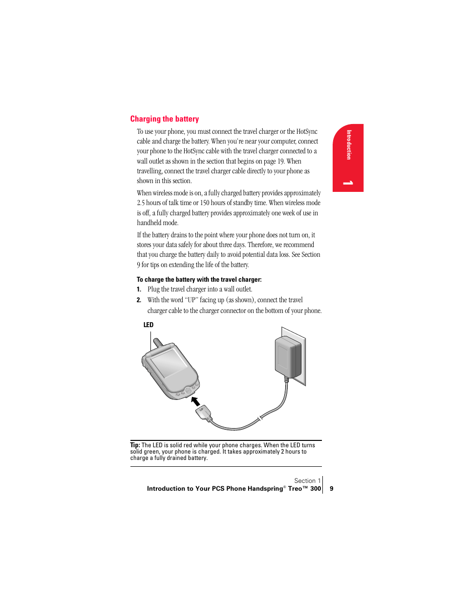 Charging the battery | Handspring Treo 300 User Manual | Page 17 / 286