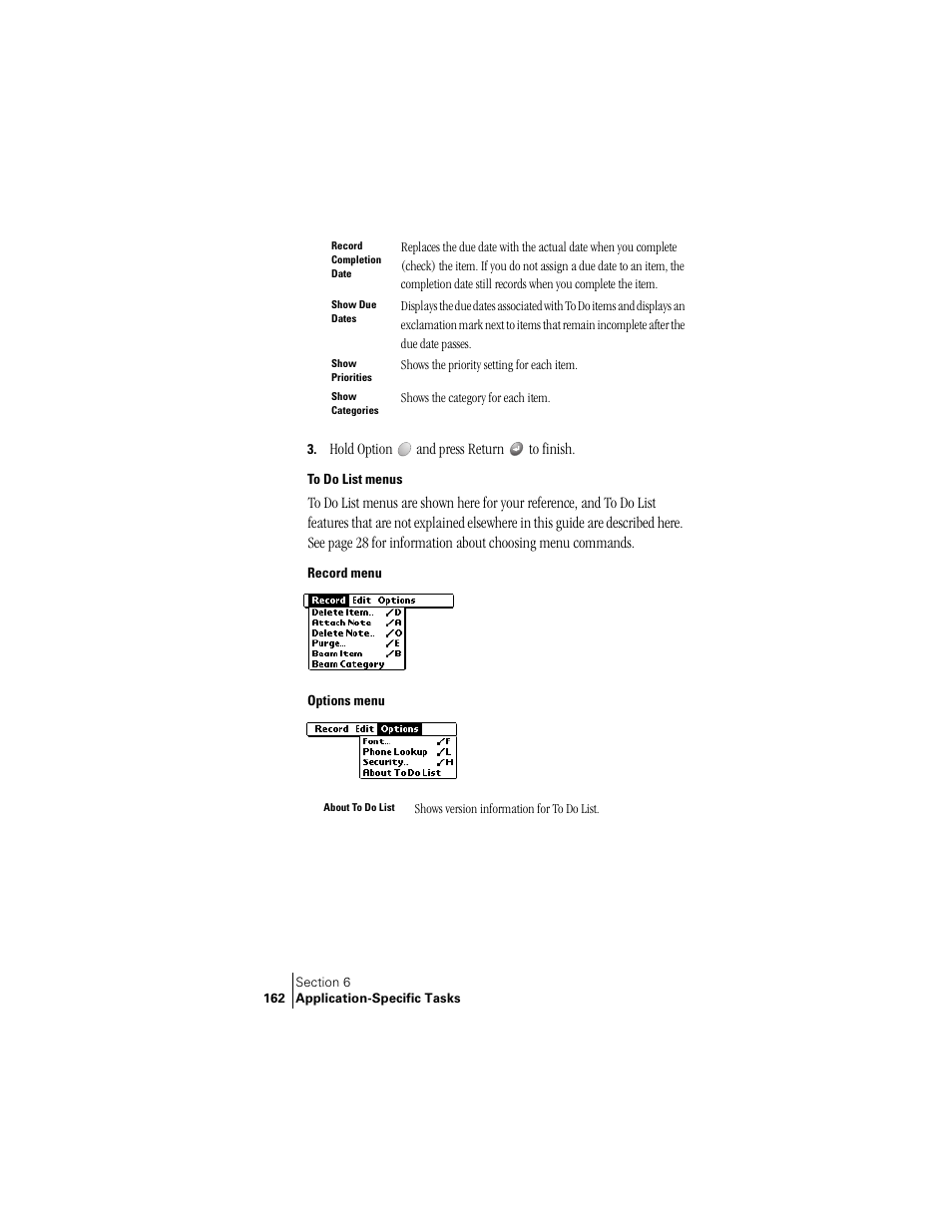 To do list menus, Record menu, Options menu | Handspring Treo 300 User Manual | Page 170 / 286