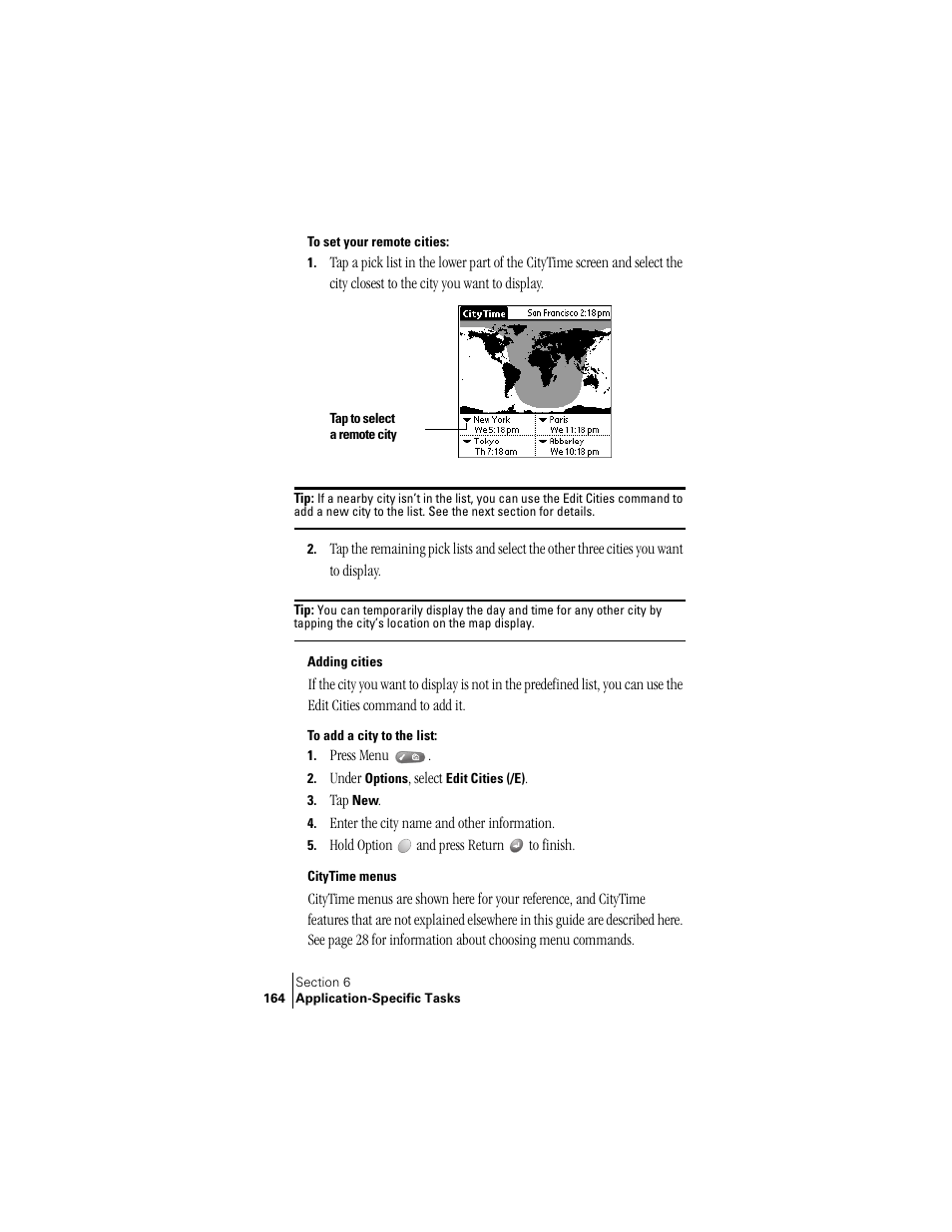 Adding cities, Citytime menus, Adding cities citytime menus | Handspring Treo 300 User Manual | Page 172 / 286