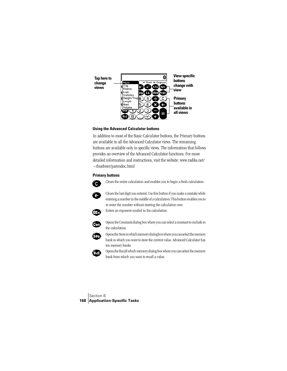 Using the advanced calculator buttons, Primary buttons | Handspring Treo 300 User Manual | Page 176 / 286