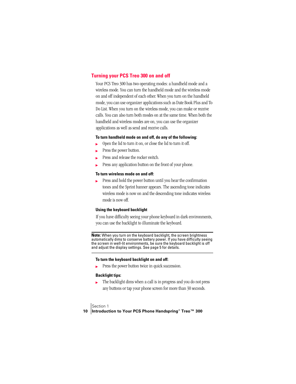 Turning your pcs treo 300 on and off, Using the keyboard backlight, Backlight tips | Handspring Treo 300 User Manual | Page 18 / 286