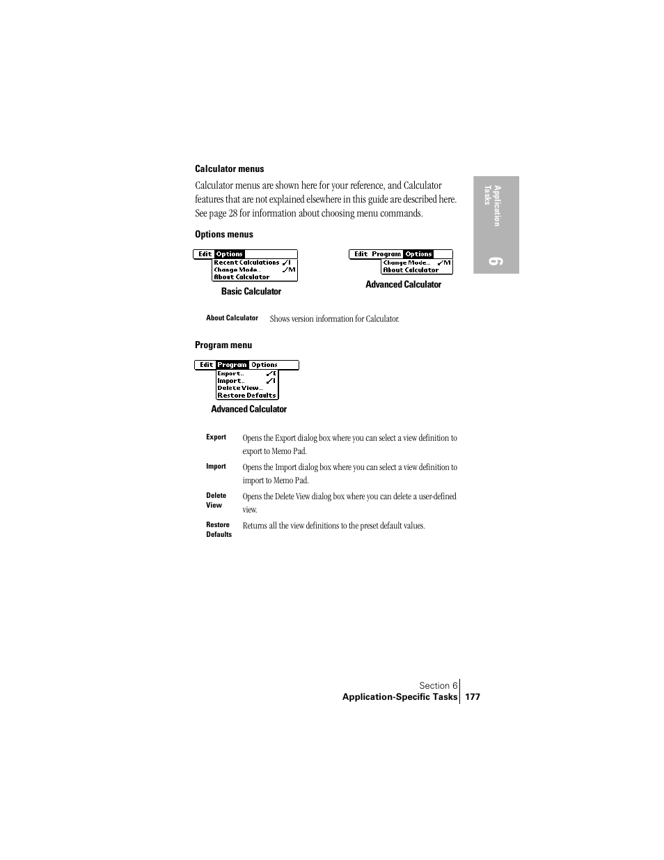 Calculator menus, Options menus, Program menu | Handspring Treo 300 User Manual | Page 185 / 286