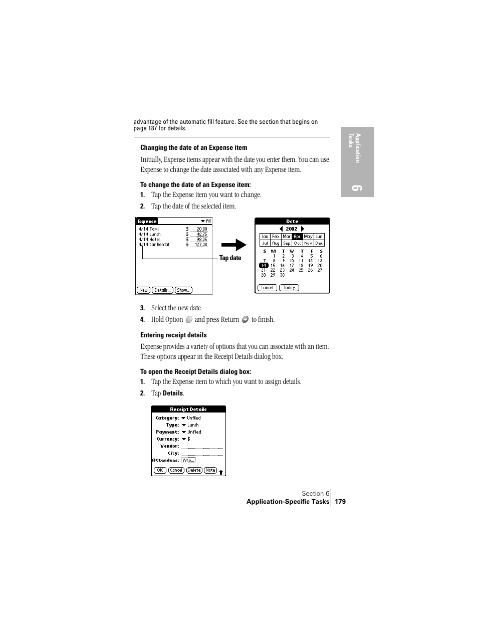 Changing the date of an expense item, Entering receipt details | Handspring Treo 300 User Manual | Page 187 / 286