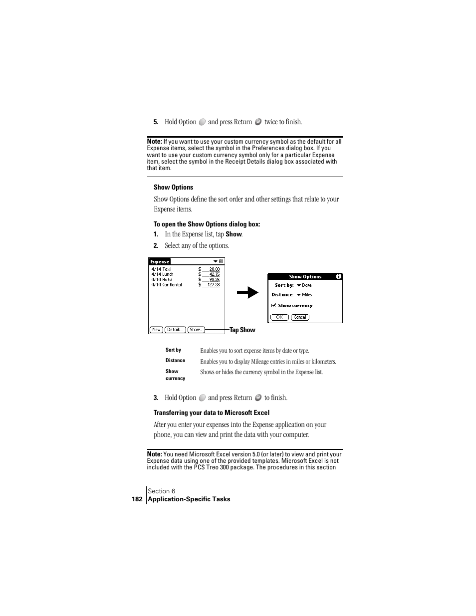 Show options, Transferring your data to microsoft excel | Handspring Treo 300 User Manual | Page 190 / 286