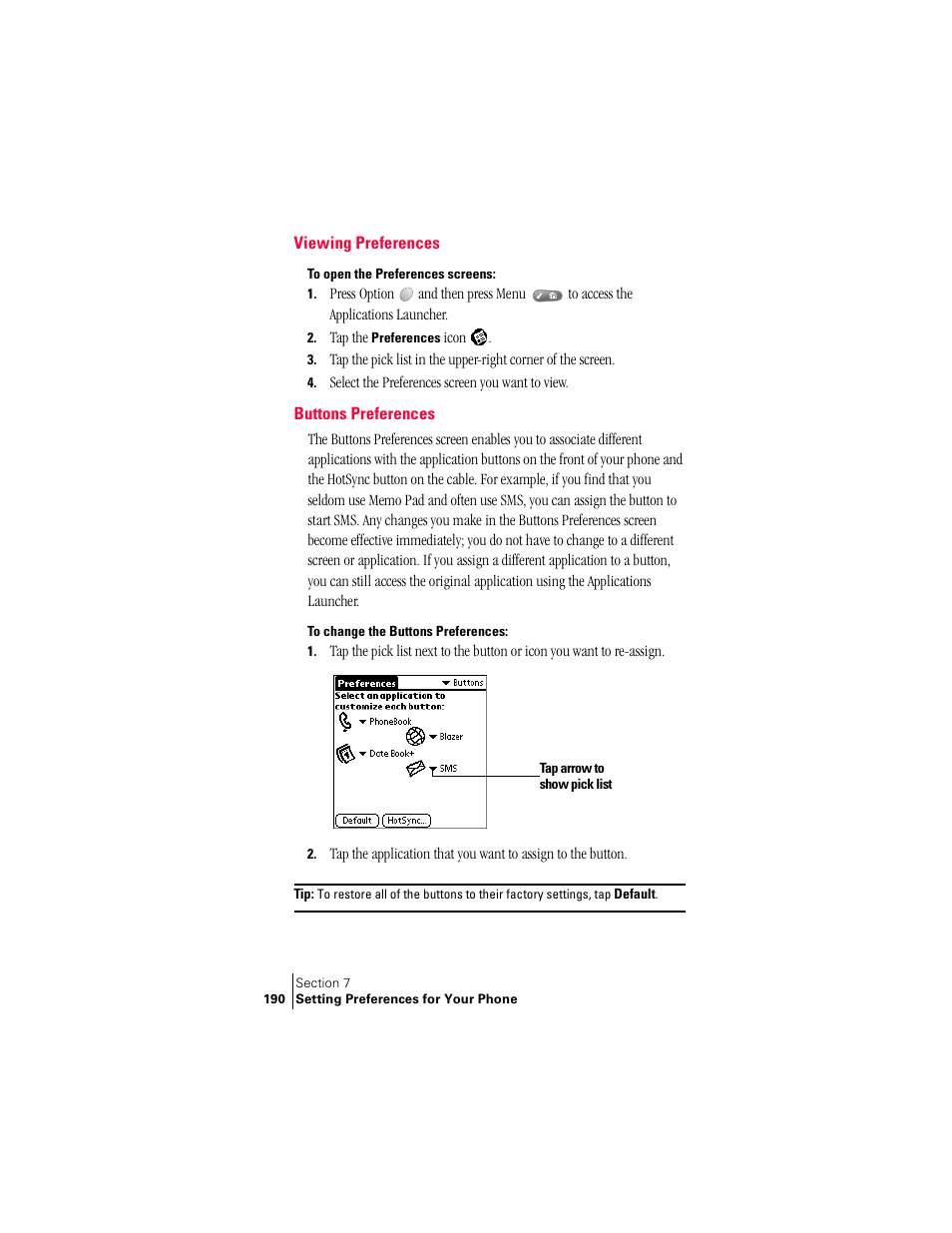 Viewing preferences, Buttons preferences, Viewing preferences buttons preferences | Handspring Treo 300 User Manual | Page 198 / 286