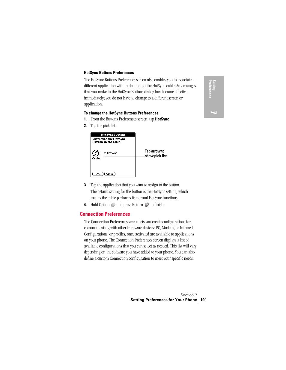 Hotsync buttons preferences, Connection preferences | Handspring Treo 300 User Manual | Page 199 / 286