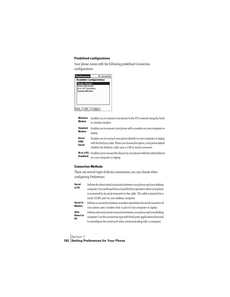Predefined configurations, Connection methods, Predefined configurations connection methods | Handspring Treo 300 User Manual | Page 200 / 286
