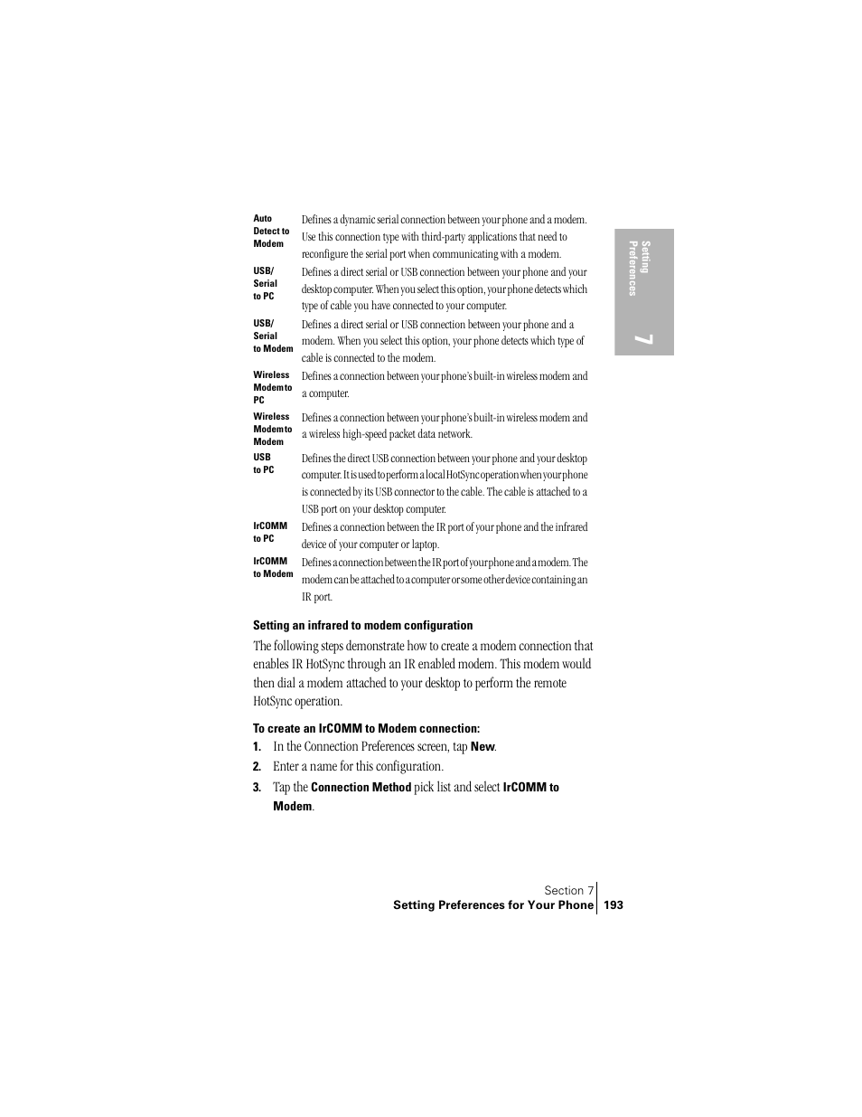 Setting an infrared to modem configuration | Handspring Treo 300 User Manual | Page 201 / 286