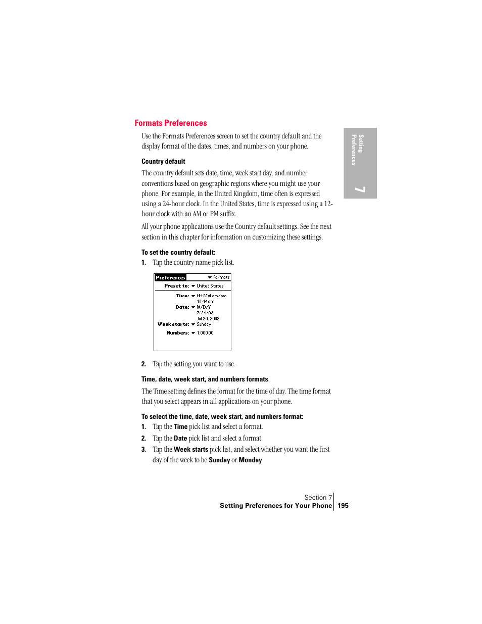 Formats preferences, Country default, Time, date, week start, and numbers formats | Handspring Treo 300 User Manual | Page 203 / 286