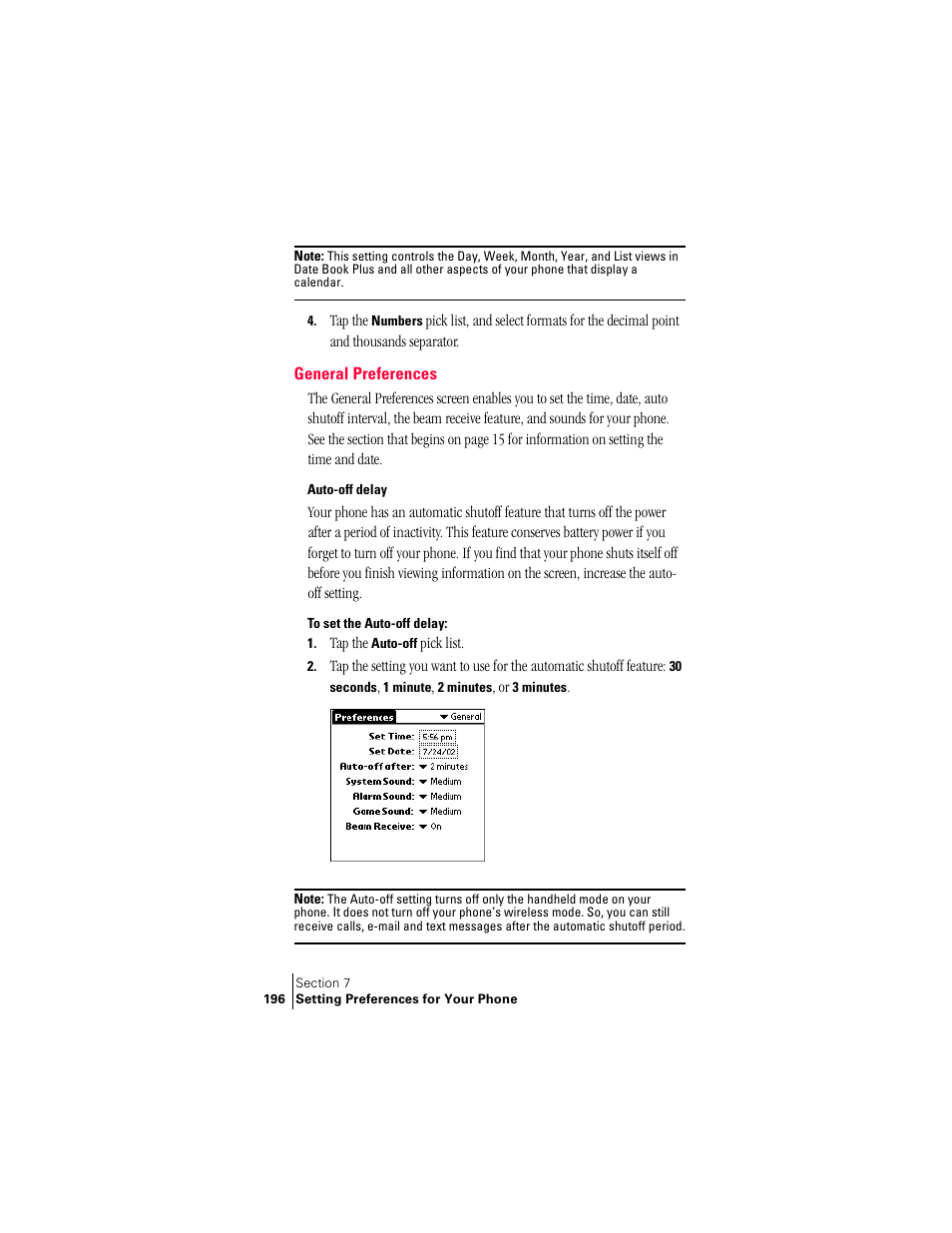 General preferences, Auto-off delay | Handspring Treo 300 User Manual | Page 204 / 286