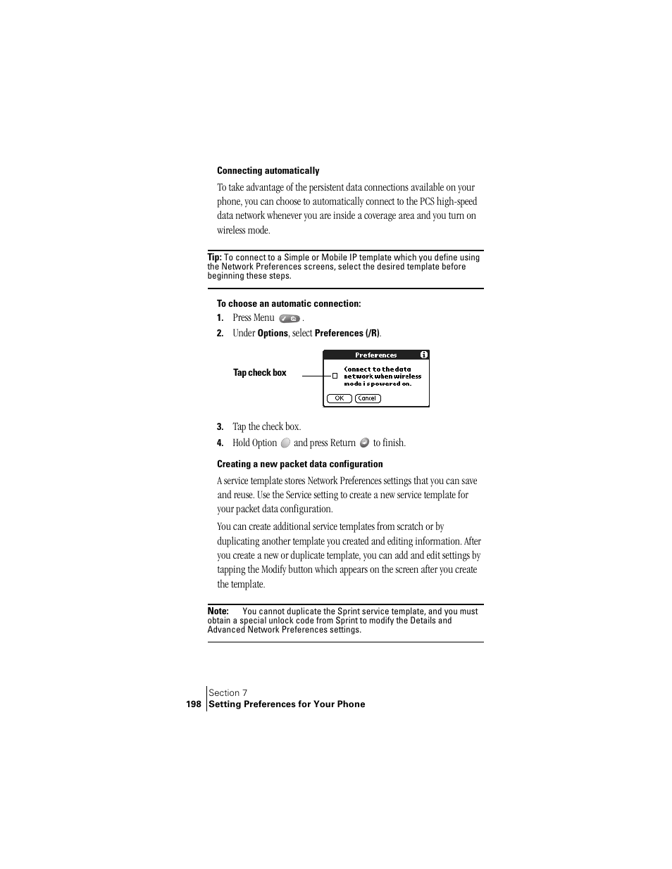 Connecting automatically, Creating a new packet data configuration | Handspring Treo 300 User Manual | Page 206 / 286