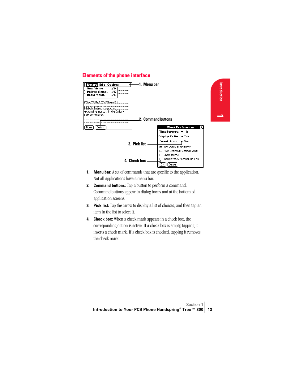 Elements of the phone interface | Handspring Treo 300 User Manual | Page 21 / 286