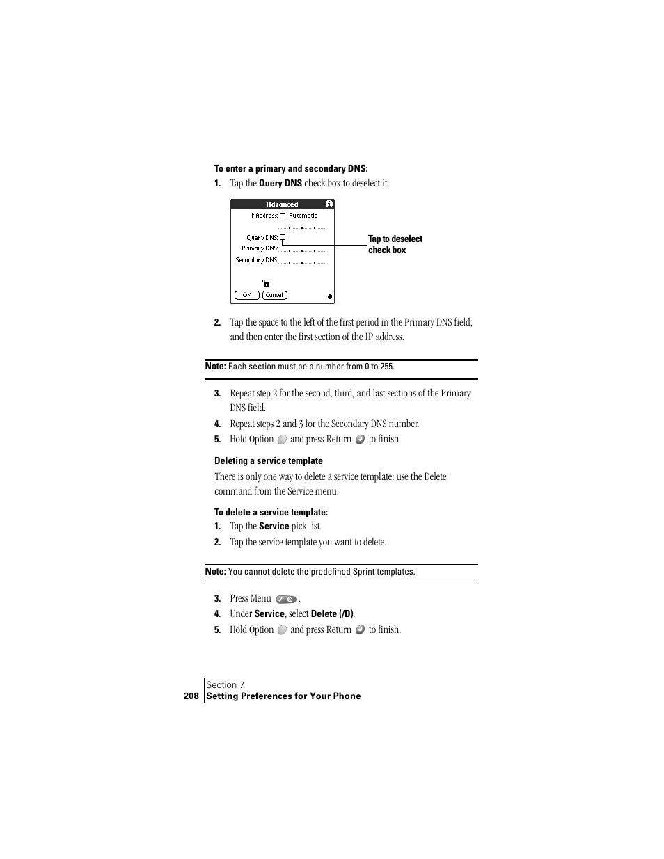 Deleting a service template | Handspring Treo 300 User Manual | Page 216 / 286