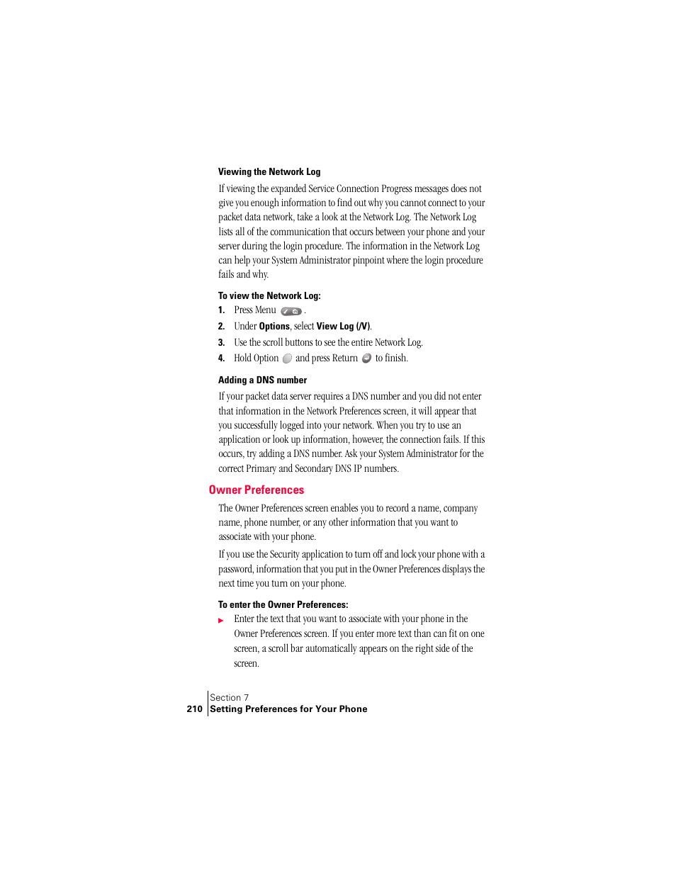 Viewing the network log, Adding a dns number, Owner preferences | Handspring Treo 300 User Manual | Page 218 / 286