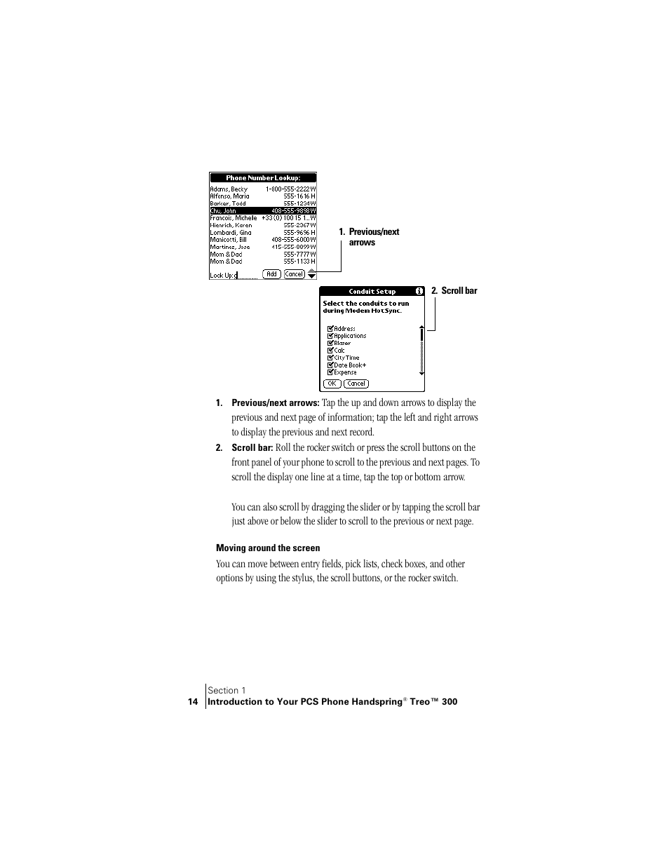 Moving around the screen | Handspring Treo 300 User Manual | Page 22 / 286