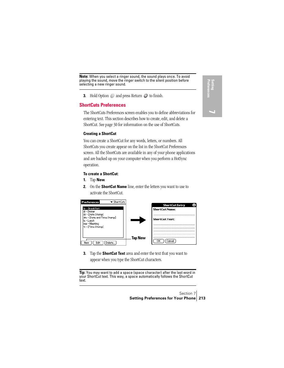 Shortcuts preferences, Creating a shortcut | Handspring Treo 300 User Manual | Page 221 / 286