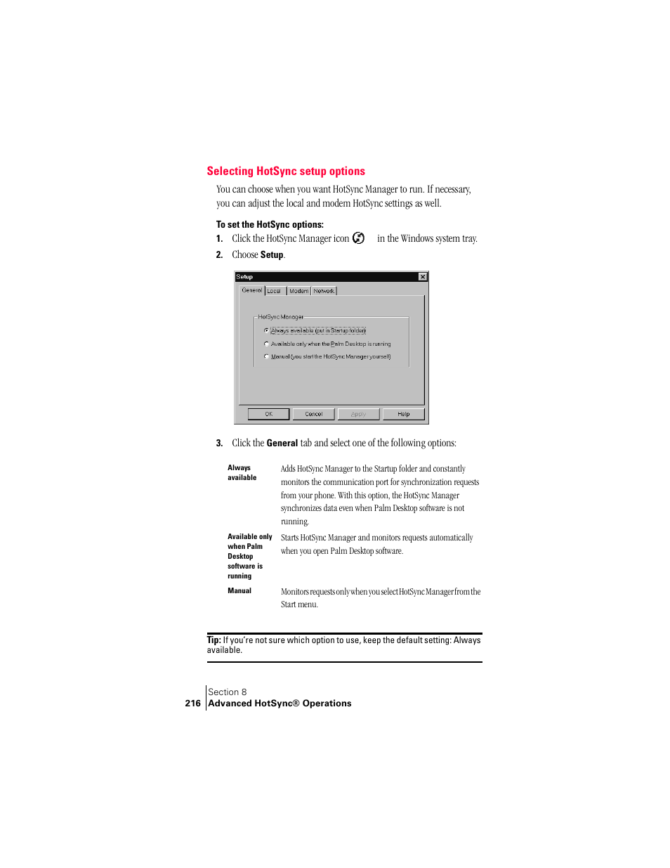 Selecting hotsync setup options | Handspring Treo 300 User Manual | Page 224 / 286