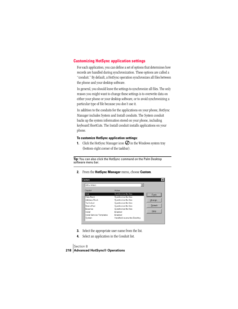 Customizing hotsync application settings | Handspring Treo 300 User Manual | Page 226 / 286