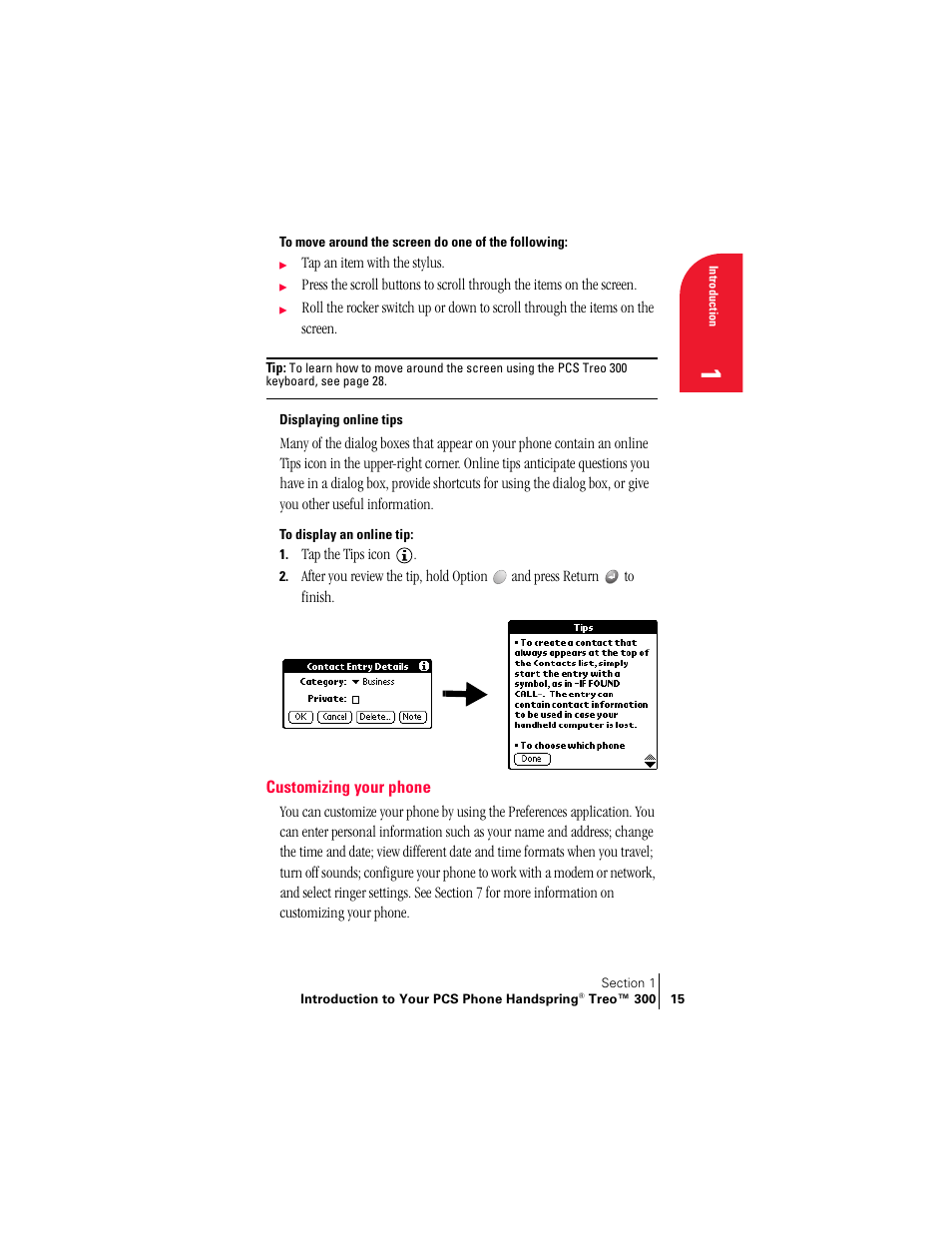 Displaying online tips, Customizing your phone | Handspring Treo 300 User Manual | Page 23 / 286
