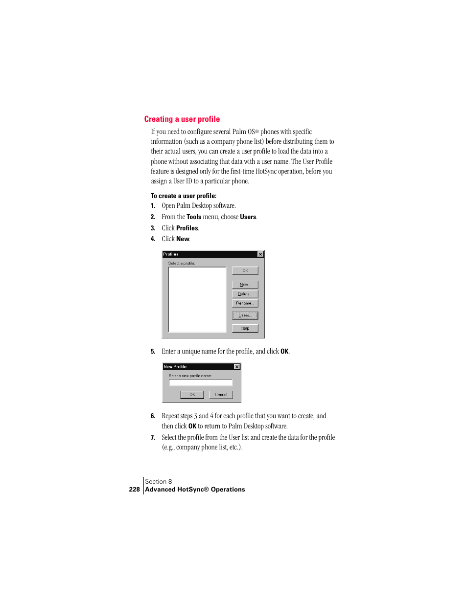 Creating a user profile | Handspring Treo 300 User Manual | Page 236 / 286