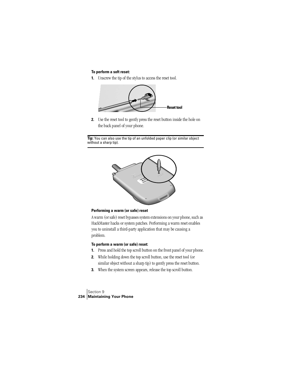 Performing a warm (or safe) reset | Handspring Treo 300 User Manual | Page 242 / 286