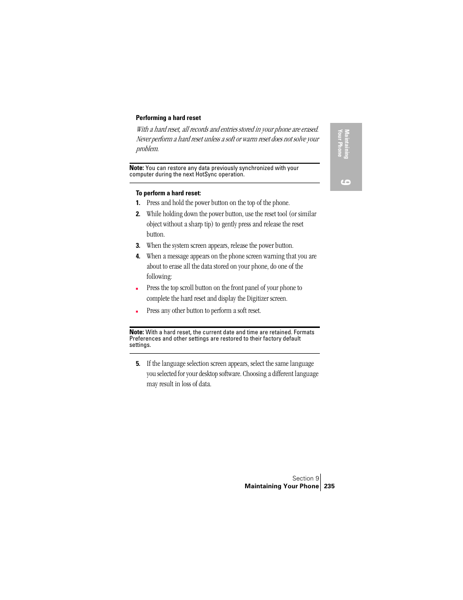 Performing a hard reset | Handspring Treo 300 User Manual | Page 243 / 286