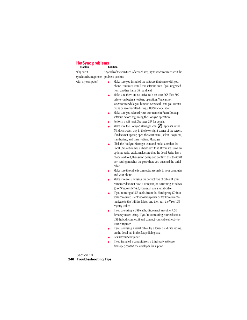 Hotsync problems | Handspring Treo 300 User Manual | Page 254 / 286