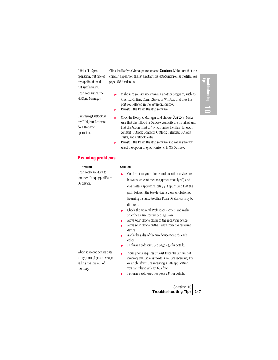 Beaming problems | Handspring Treo 300 User Manual | Page 255 / 286