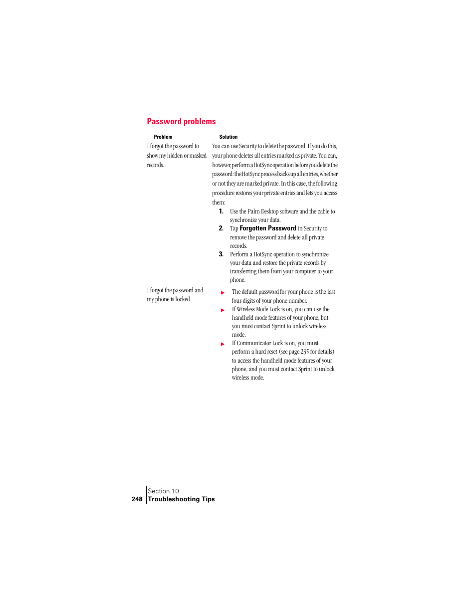 Password problems | Handspring Treo 300 User Manual | Page 256 / 286