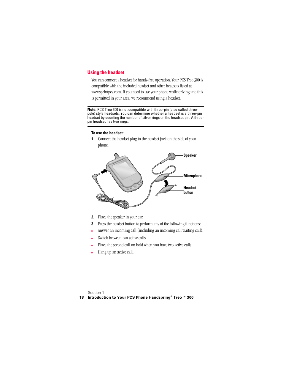 Using the headset | Handspring Treo 300 User Manual | Page 26 / 286