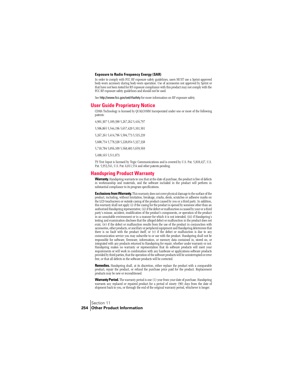 User guide proprietary notice, Handspring product warranty | Handspring Treo 300 User Manual | Page 262 / 286