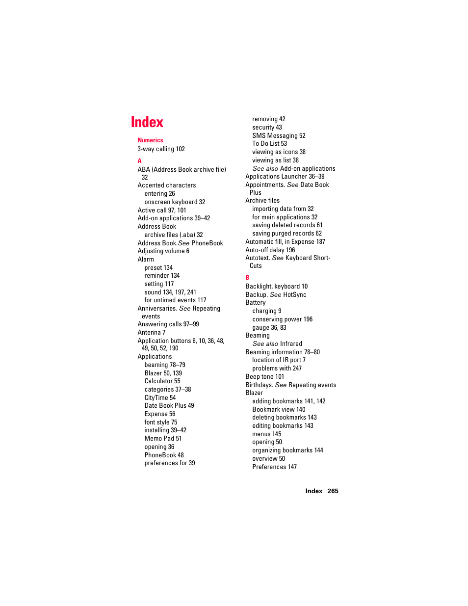Index | Handspring Treo 300 User Manual | Page 275 / 286